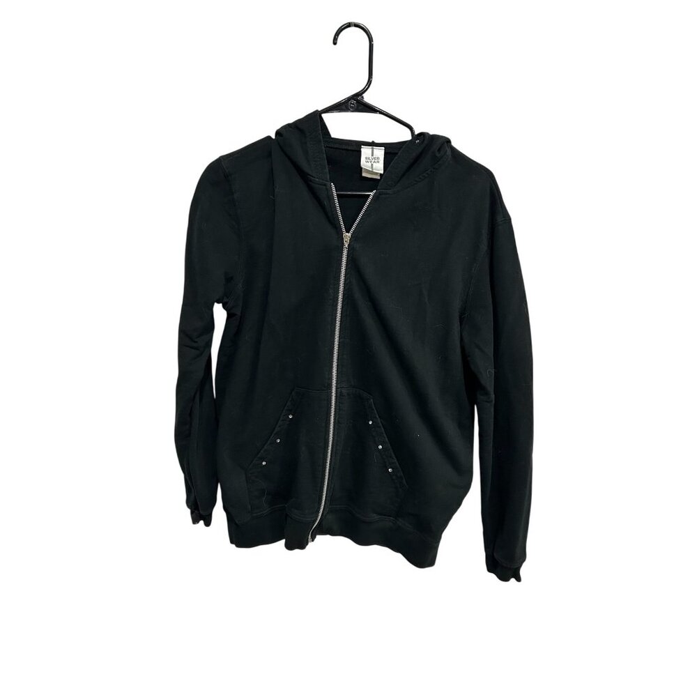 Silver Wear Black Zip-Up Hoodie Pockets Stud Accents Cotton Blend Casual Style